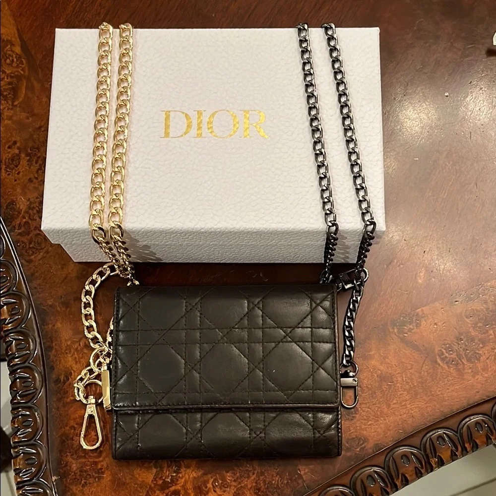 Dior Quilted leather Wallet Chocolate Brown with Gold chain crossbody
